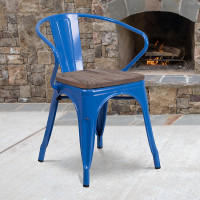 Flash Furniture CH-31270-BL-WD-GG Blue Metal Chair with Wood Seat and Arms 